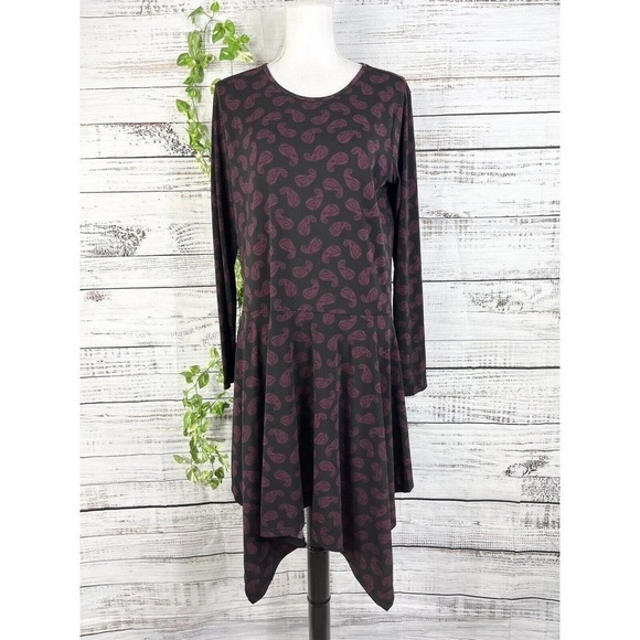 Michael Kors Dress size Large Purple Black Paisley Slinky Stretch High Low Boho - Picture 2 of 13